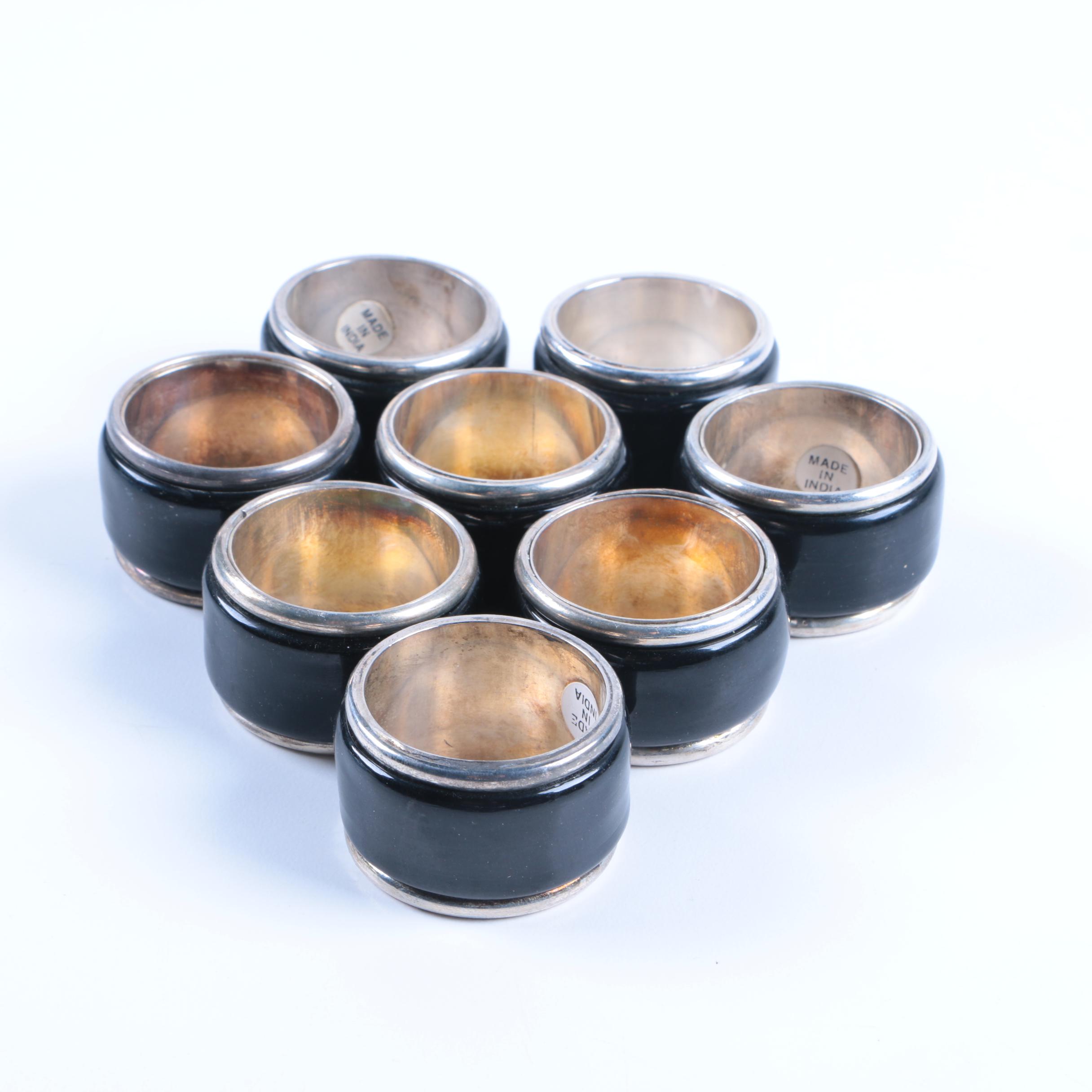 Set of Silver Tone and Black Lacquered Napkin Rings
