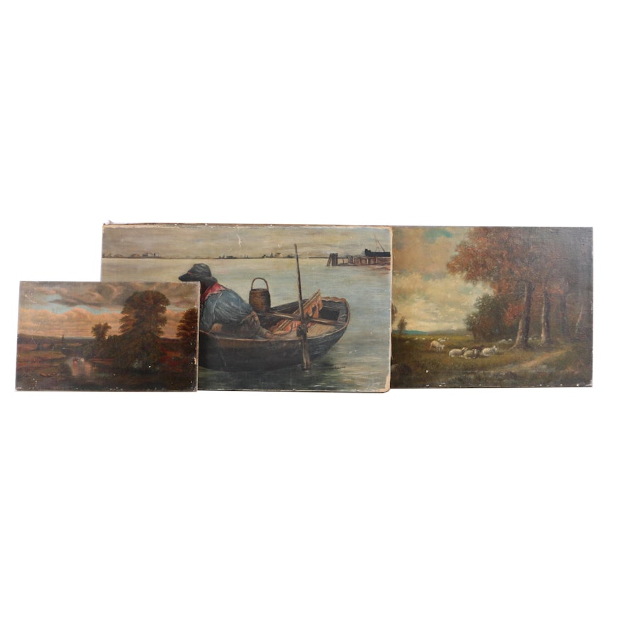 Oil Paintings on Canvas of  Hudson River Style Landscapes and a Fisherman