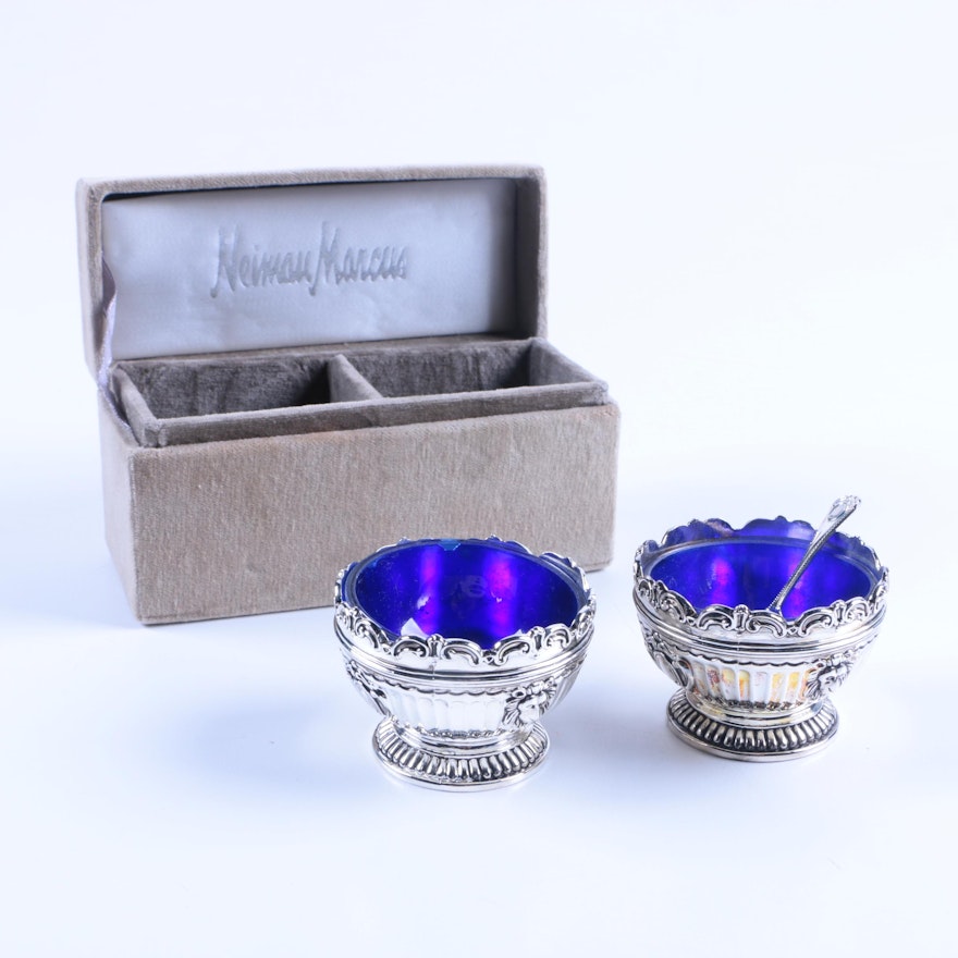 Godinger Silver-Plated Salt Cellars with Blue Glass Inserts