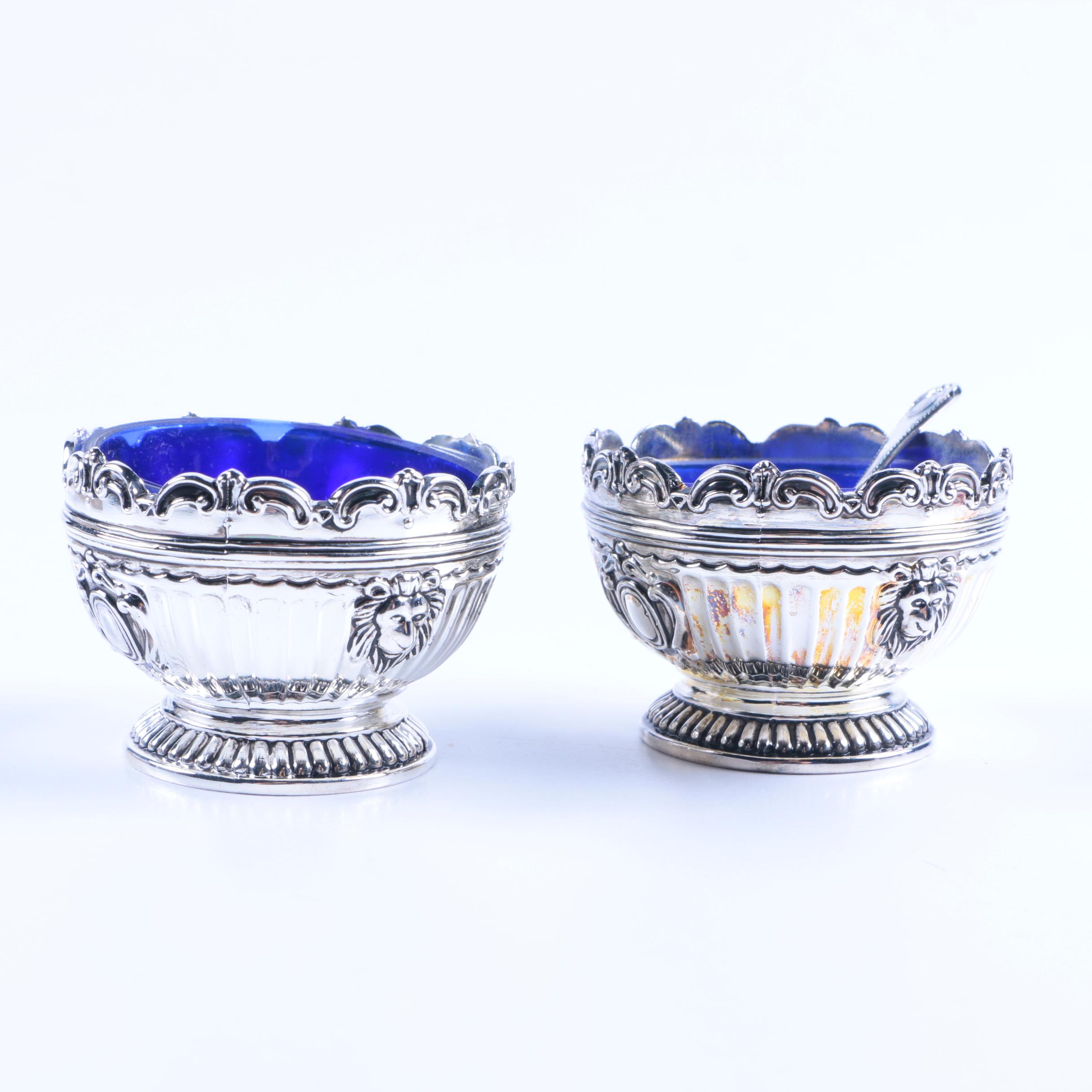 Godinger Silver-Plated Salt Cellars with Blue Glass Inserts