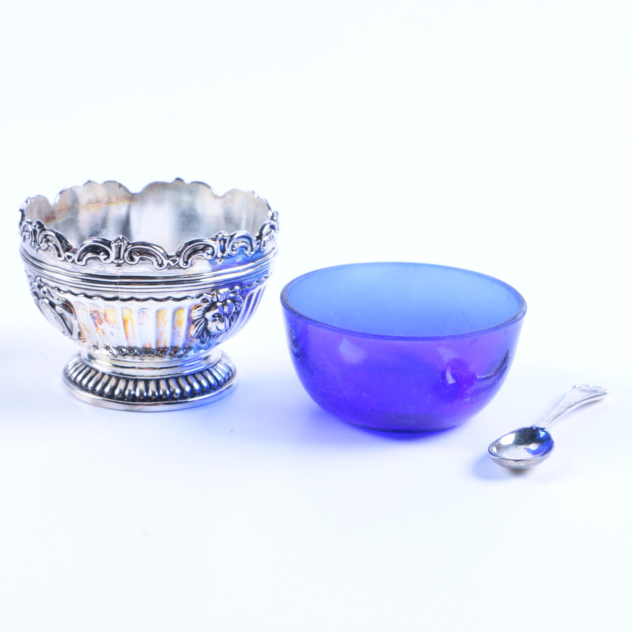 Godinger Silver-Plated Salt Cellars with Blue Glass Inserts