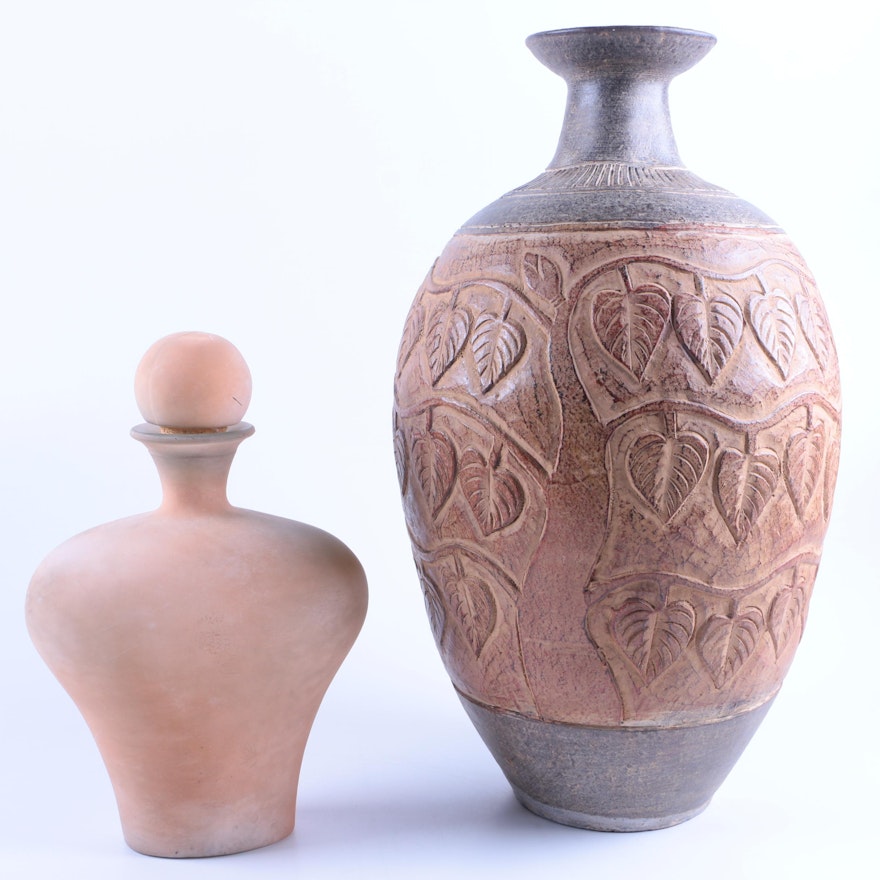 Earthenware Vase with a Tan Stoppered Bottle
