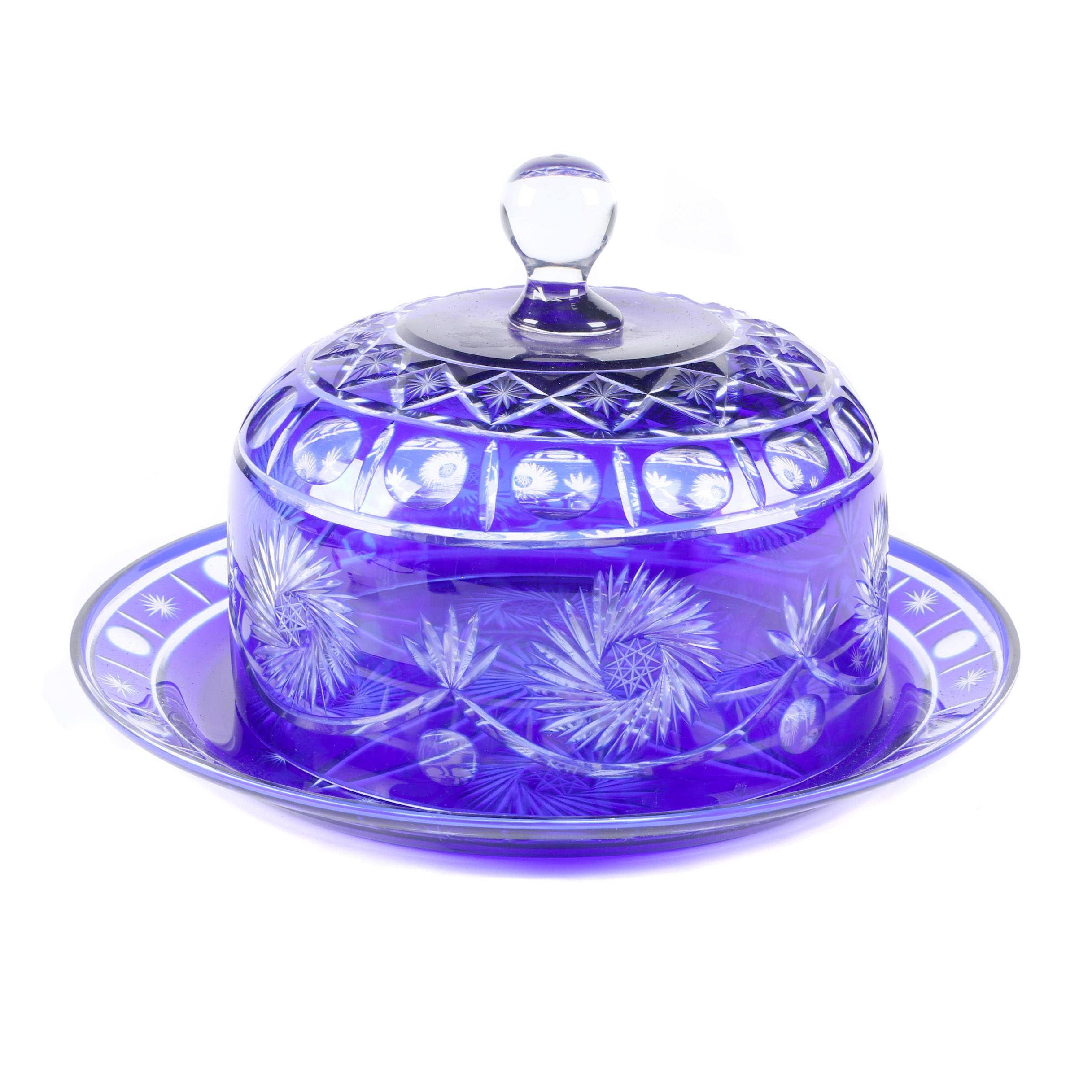 Crystal Cased Cobalt Blue Cut to Clear Cake Plate and Dome