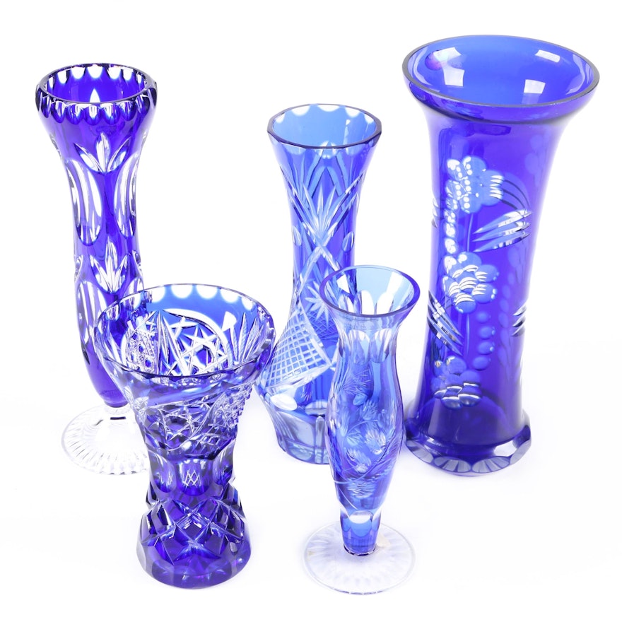 Cobalt Blue Cut to Clear Crystal Vases