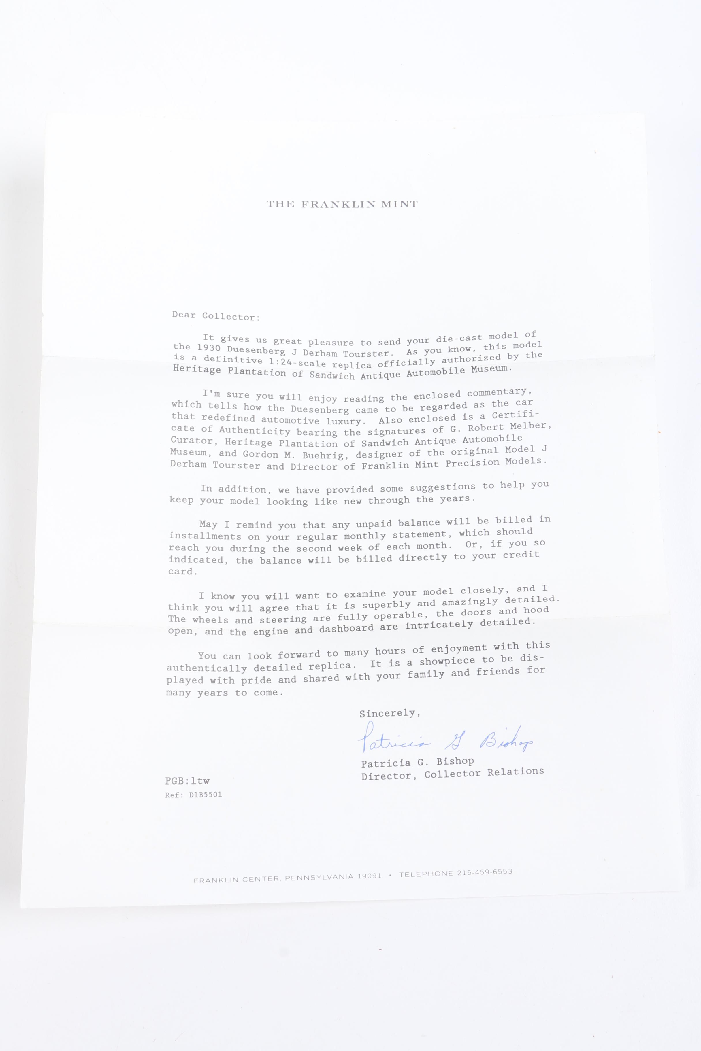 1930 Duesenberg J Derham Tourster Die-Cast Car by Franklin Mint