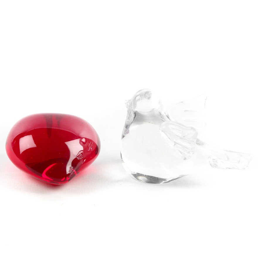 Crystal Bird and Heart Paperweights