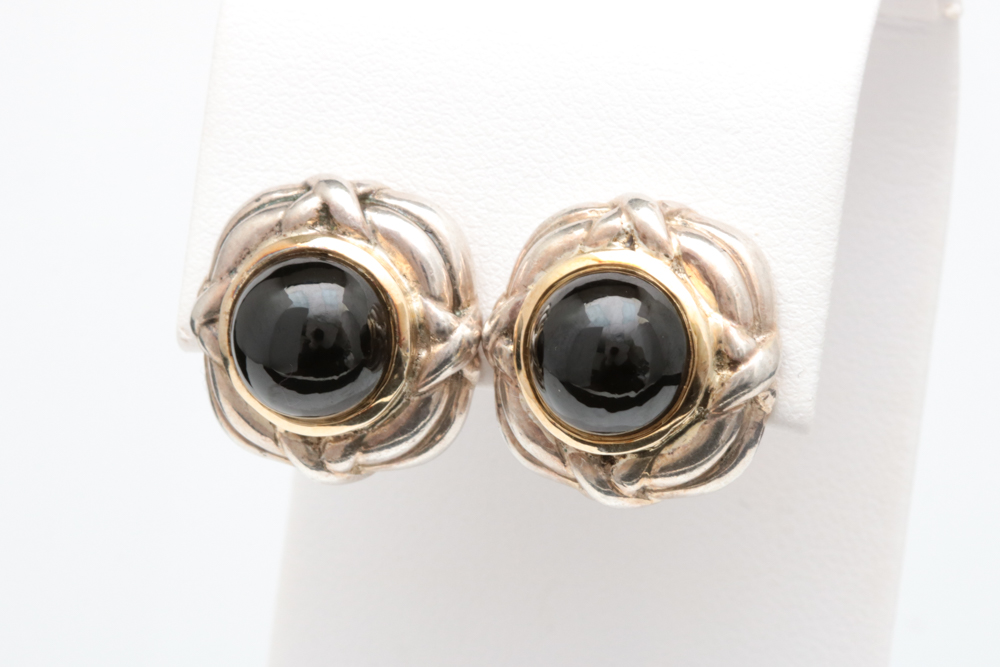 Sterling Silver, 14K Yellow Gold and Onyx Earrings