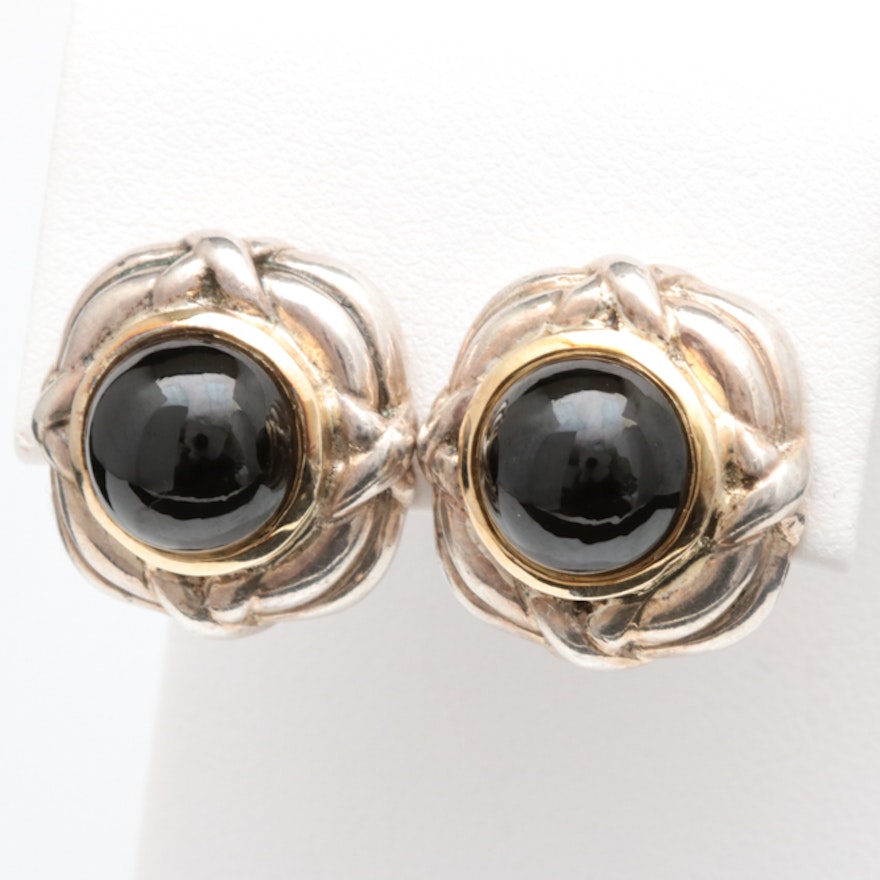 Sterling Silver, 14K Yellow Gold and Onyx Earrings