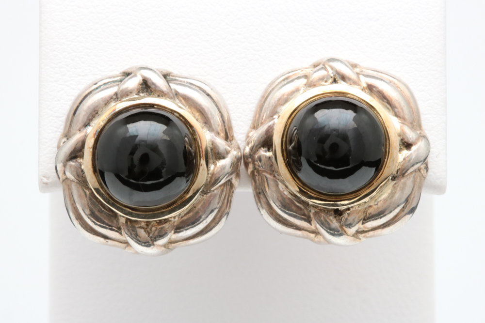 Sterling Silver, 14K Yellow Gold and Onyx Earrings