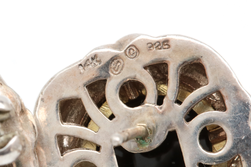 Sterling Silver, 14K Yellow Gold and Onyx Earrings