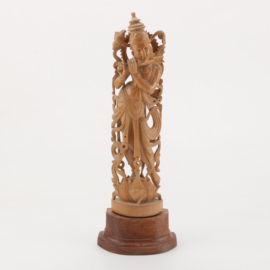 Carved Wooden Krishna Sculpture