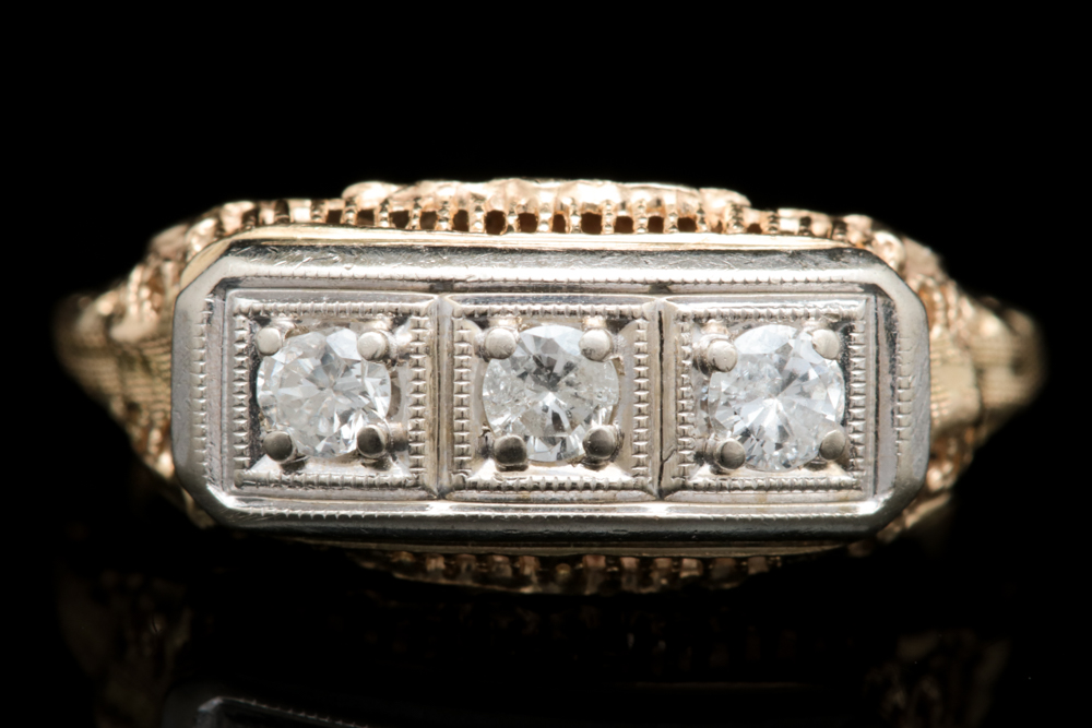 14K Yellow Gold and Diamond Three Stone Filigree Ring