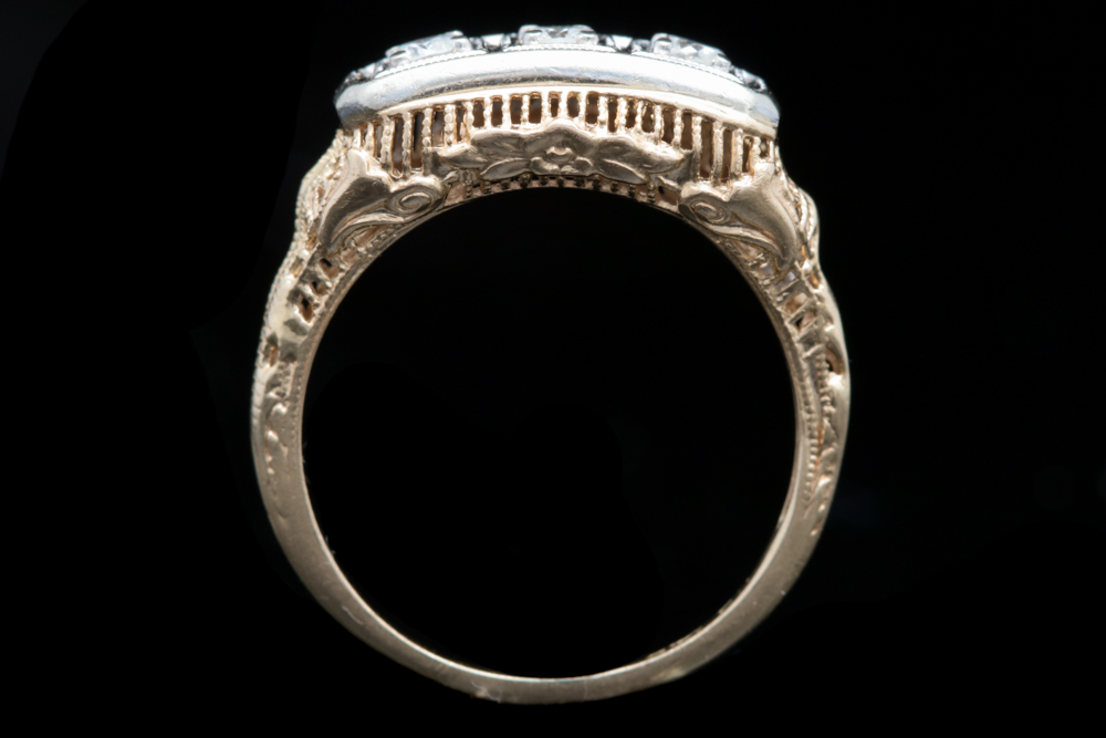 14K Yellow Gold and Diamond Three Stone Filigree Ring