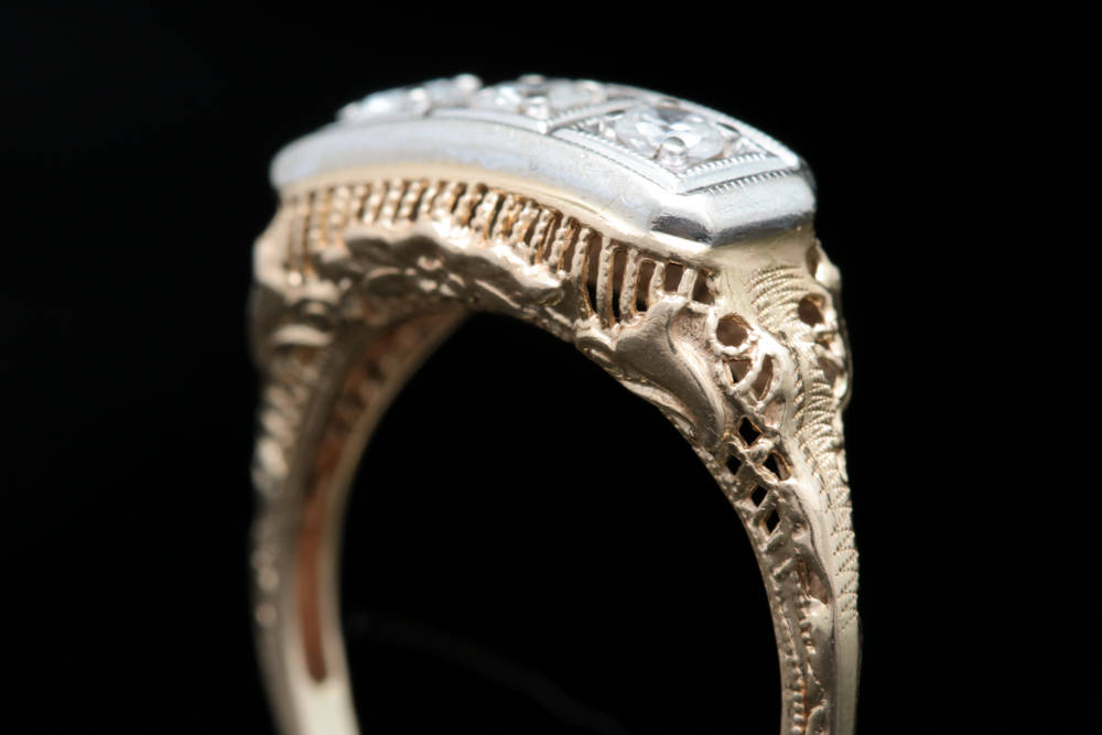 14K Yellow Gold and Diamond Three Stone Filigree Ring