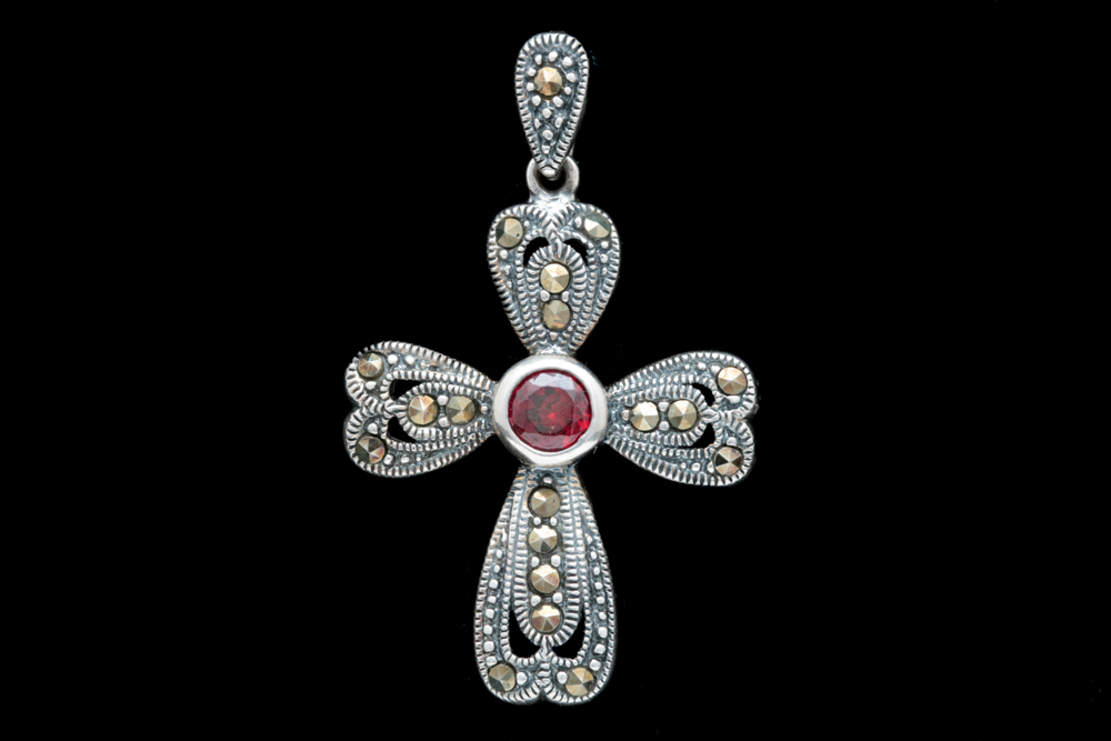 Sterling Silver, Red Glass and Marcasite Cross Pendant