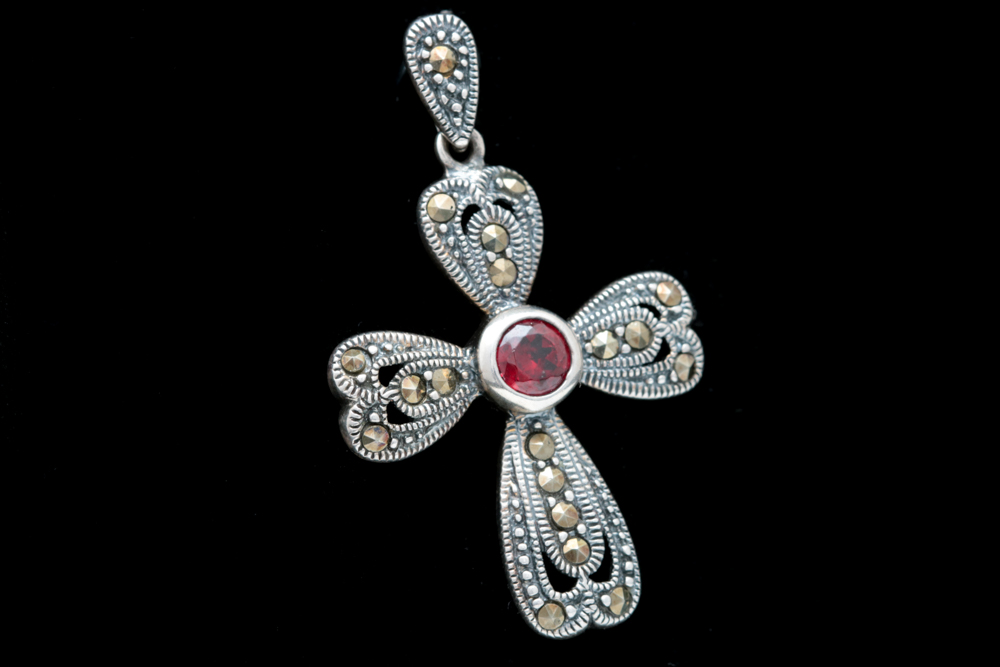Sterling Silver, Red Glass and Marcasite Cross Pendant