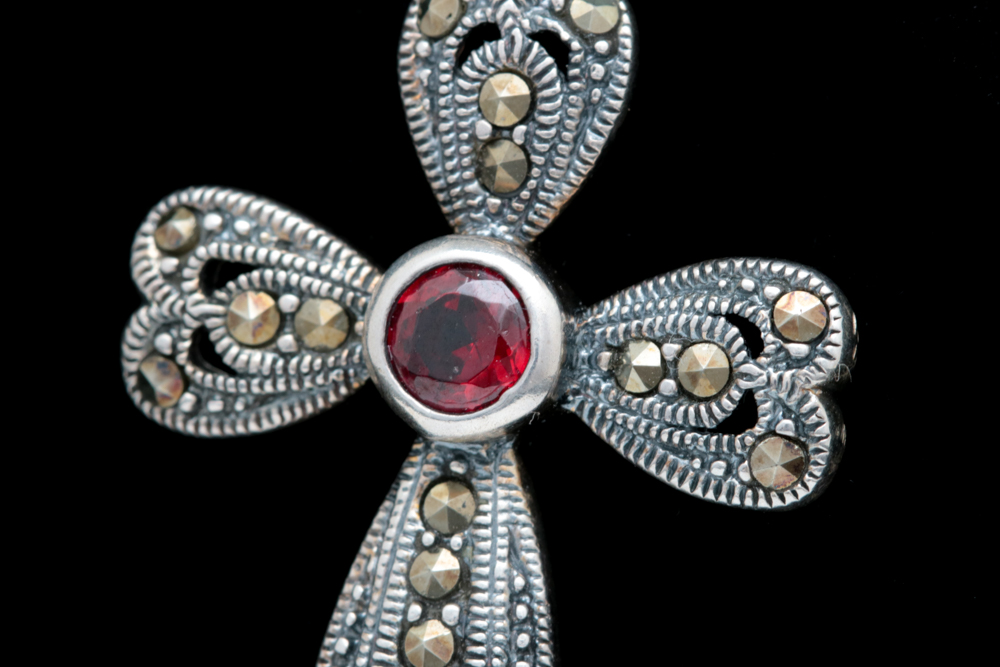 Sterling Silver, Red Glass and Marcasite Cross Pendant