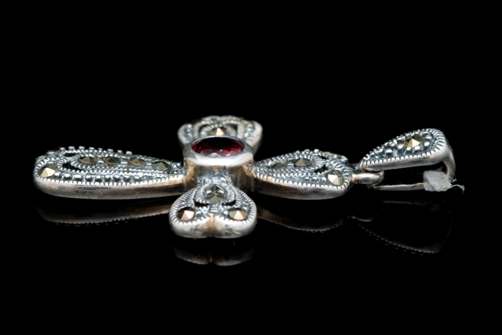 Sterling Silver, Red Glass and Marcasite Cross Pendant