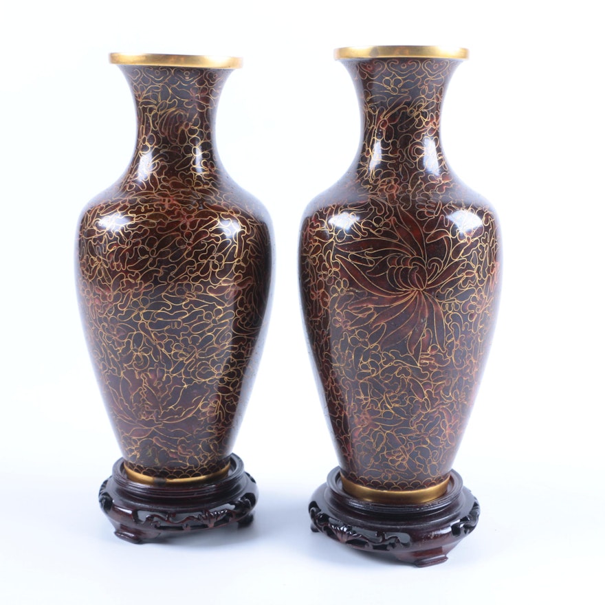 Pair of Chinese Cloisonné Vases with Floral Motif