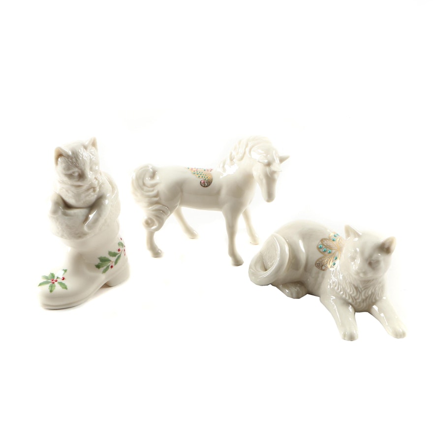 Lenox China "Jewels" Animal Figurines Including a Christmas "Puss in Boots"