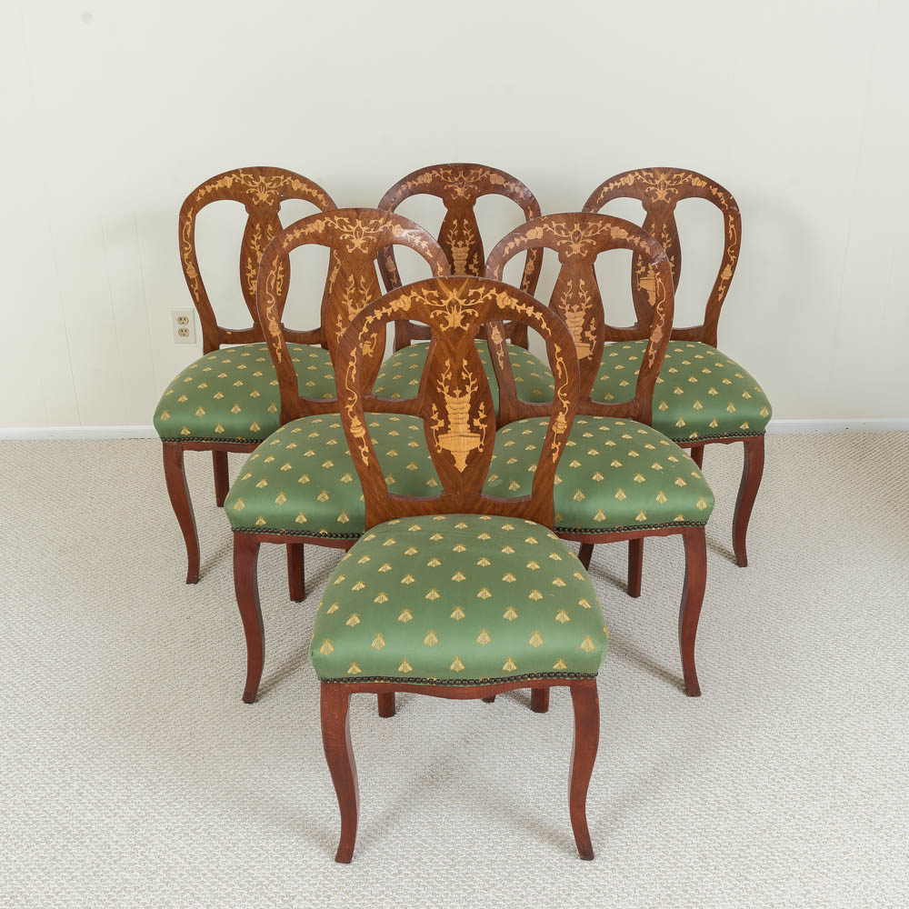 Six Antique Dutch Marquetry Dining Chairs