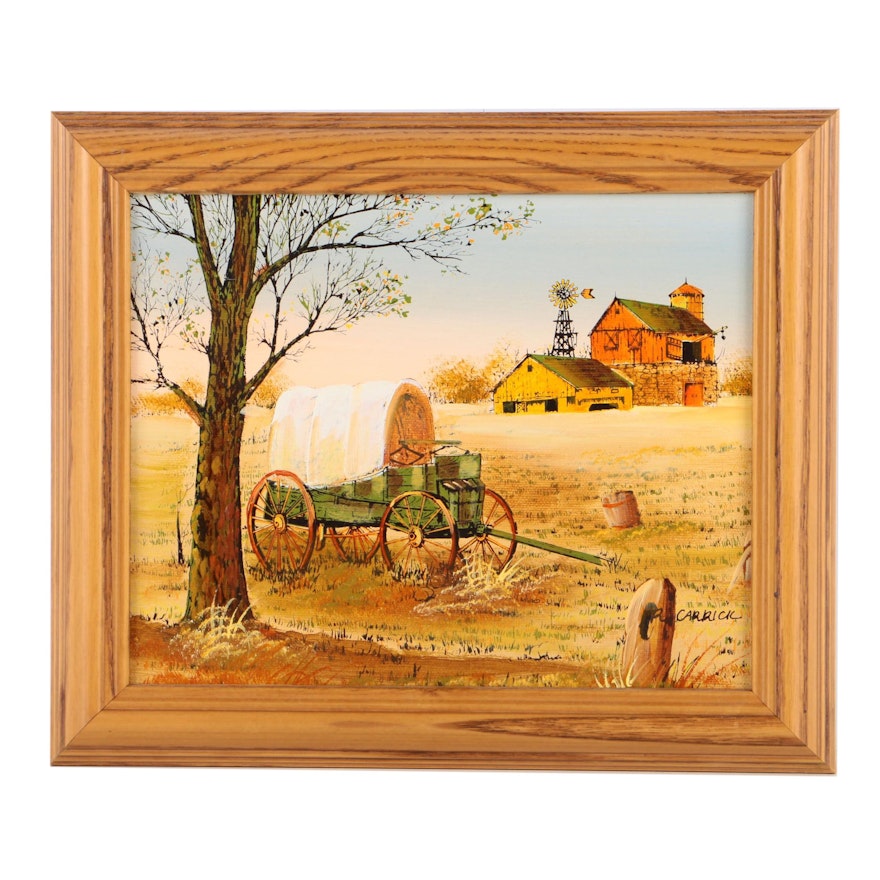 R. Carrick Oil Painting of a Covered Wagon