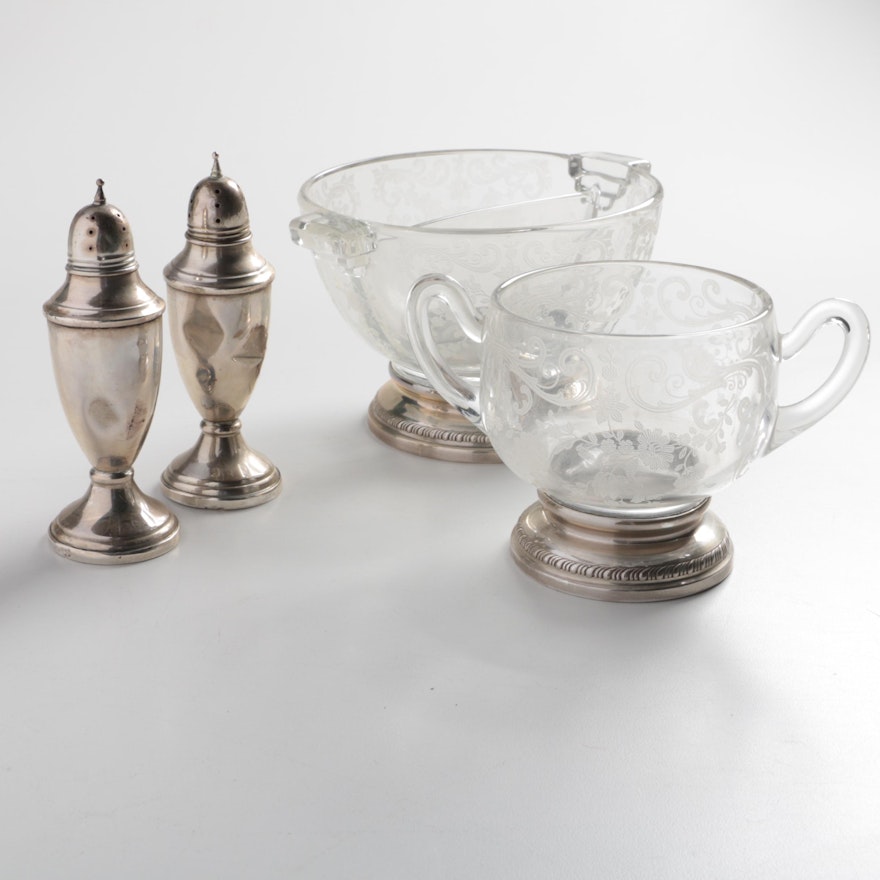 Sheffield Silver Co. Glass and Sterling Tableware with Weighted Shakers