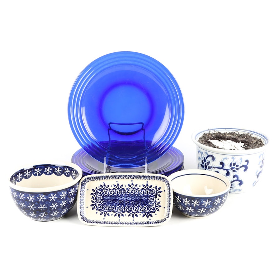 Blue Ceramic and Glass Tableware