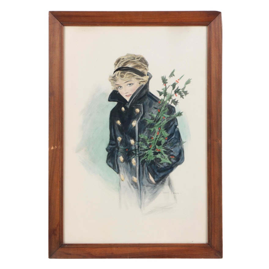 Henry Hutt Watercolor Illustration of a Girl with Holly