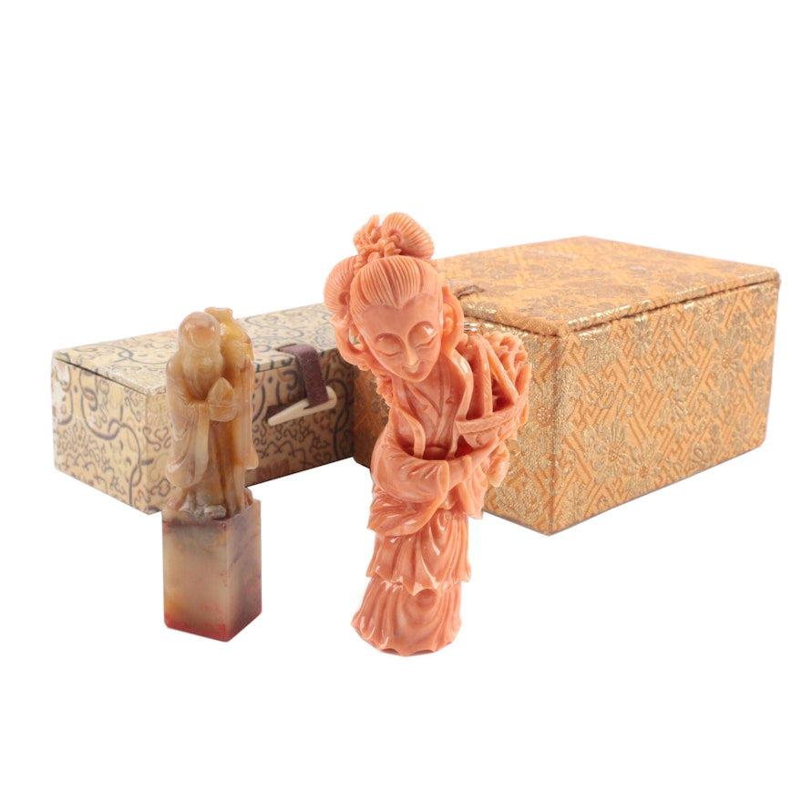 Chinese Carved Stone Ink Stamp and Coral Colored Stone Pendant