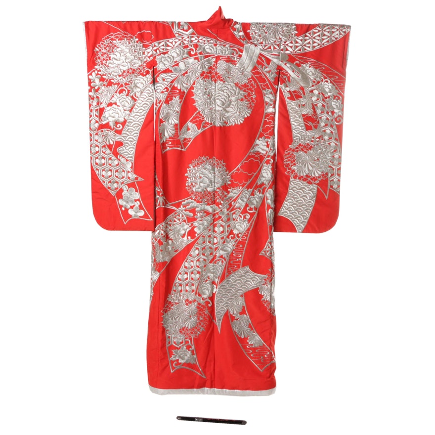 Japanese Embroidered Furisode Kimono and Tanto Dagger