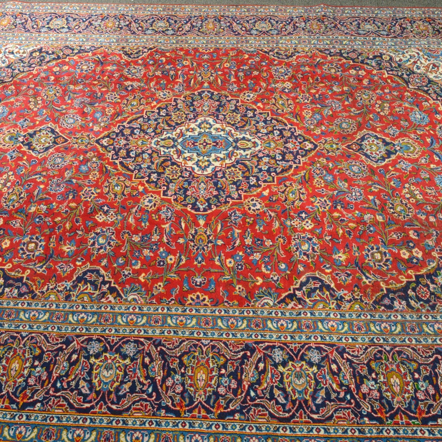 10' x 13' Signed Semi-Antique Hand-Knotted Persian Kashan Room Size Rug