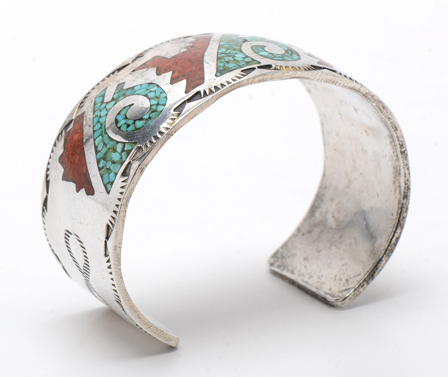 Vintage Navajo Benson Boyd Sterling Silver Inlay Cuff