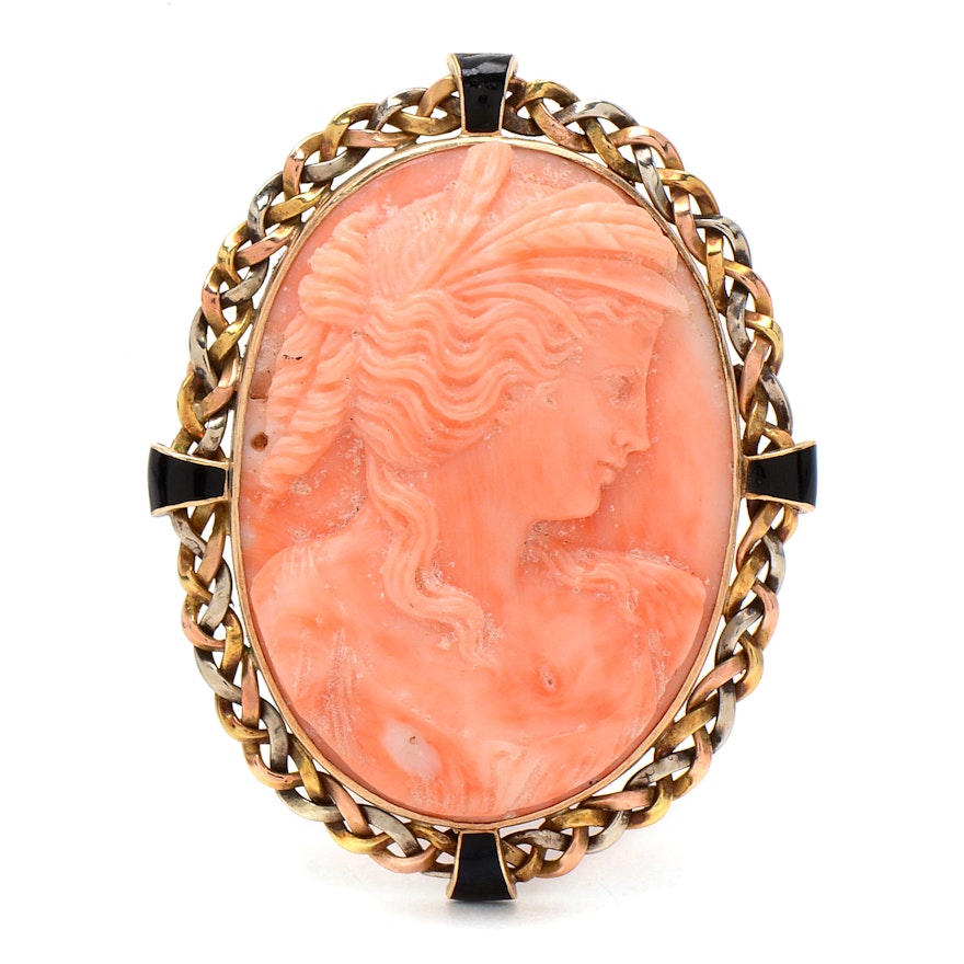 Antique Carved Coral Cameo Brooch in 14K Yellow Gold Frame