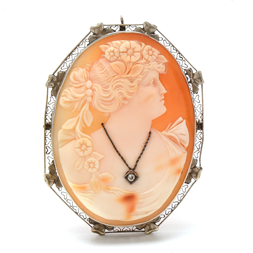 14K White Gold Shell and Diamond Haillé Cameo Brooch