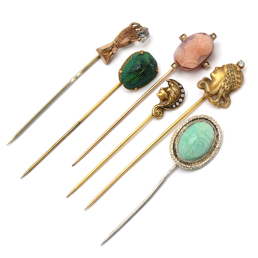 Assortment of Vintage and Antique Stick Pins Including 14K Gold