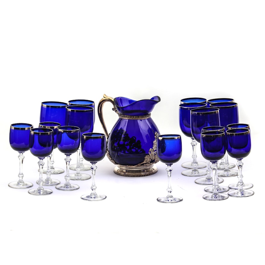 Cobalt Blue and Silver Stemware with Pitcher