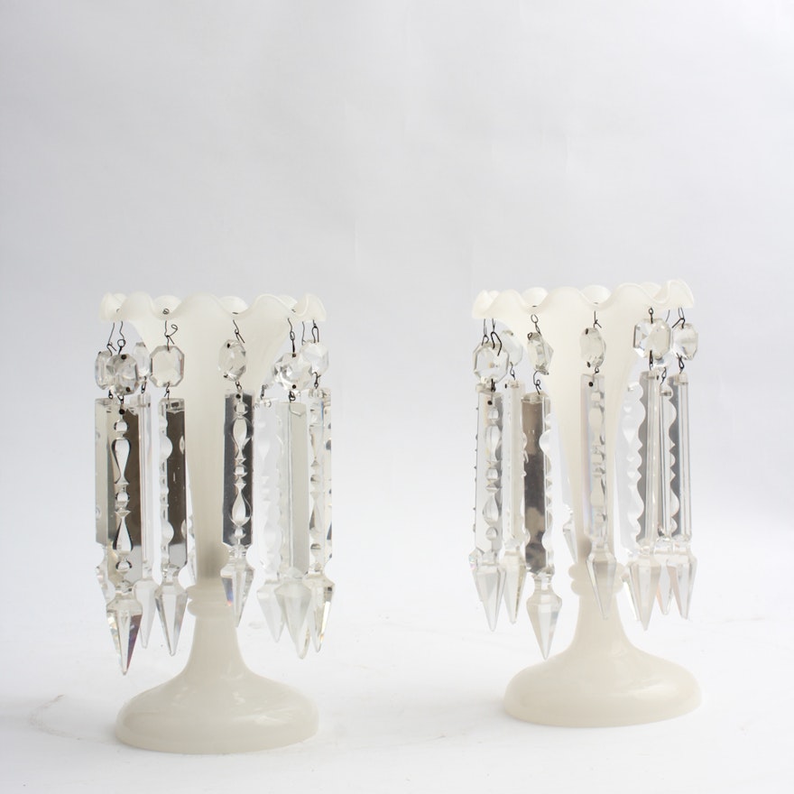 Vintage Milk Glass Lamp Bases with Glass Prisms