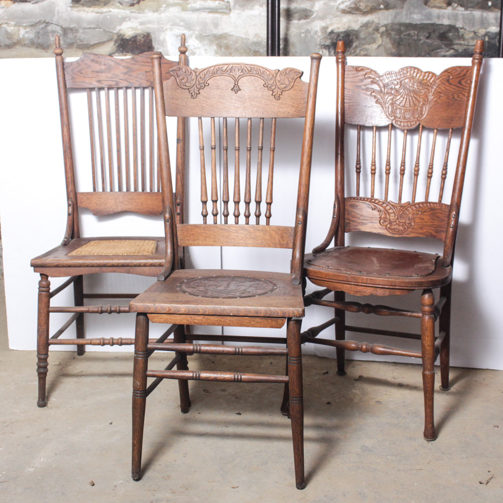 Three Vintage Oak Spindle Back Chairs