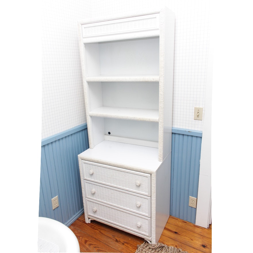 Pair of White Faux Wicker Chest of Drawers with Bookcase