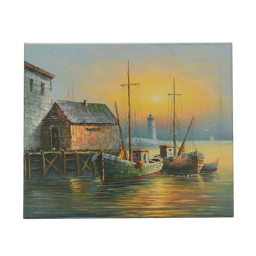 Max Savy Oil Painting of a Seascape at Sunset