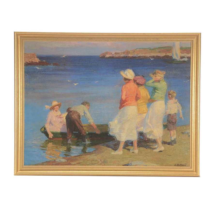 Offset Lithograph Print on Paperboard after Edward Potthast "By the Seashore"