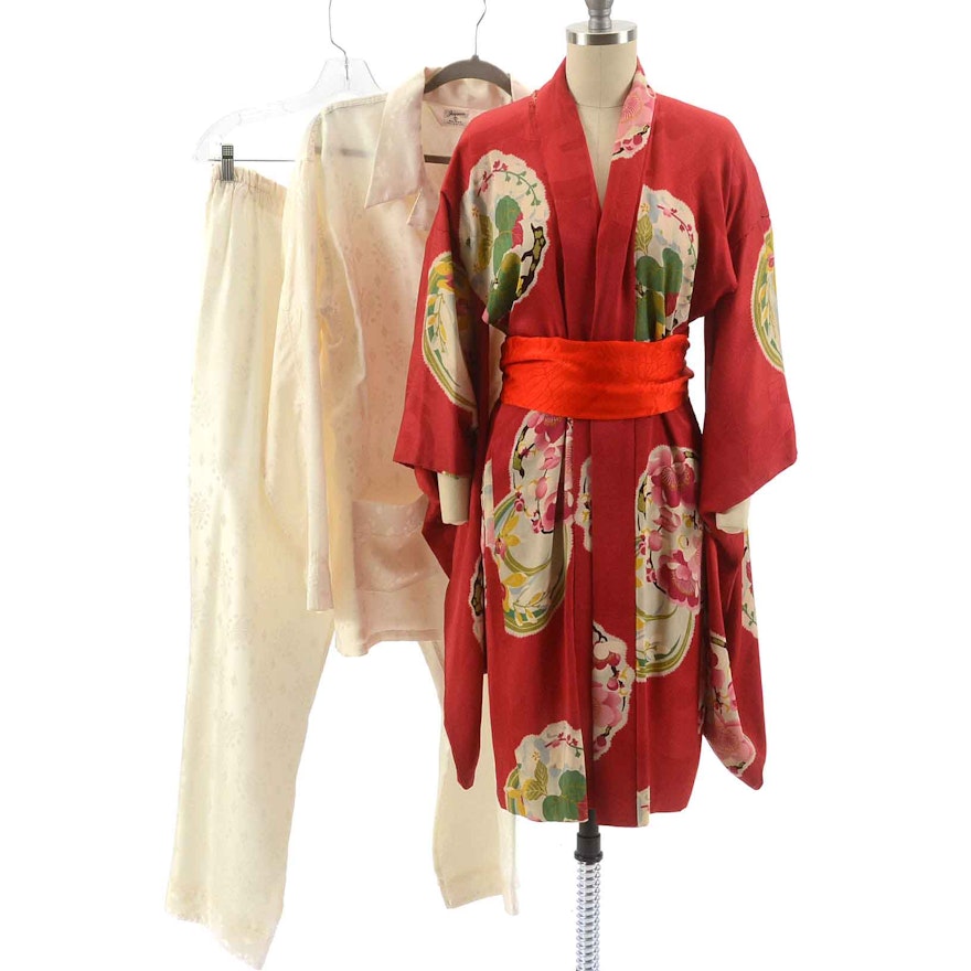 Vintage Silk Kimono with Silk Blouse and Trousers