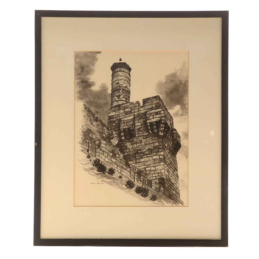 Jo Anne Meirovitch Original Watercolor Painting of Stone Turret
