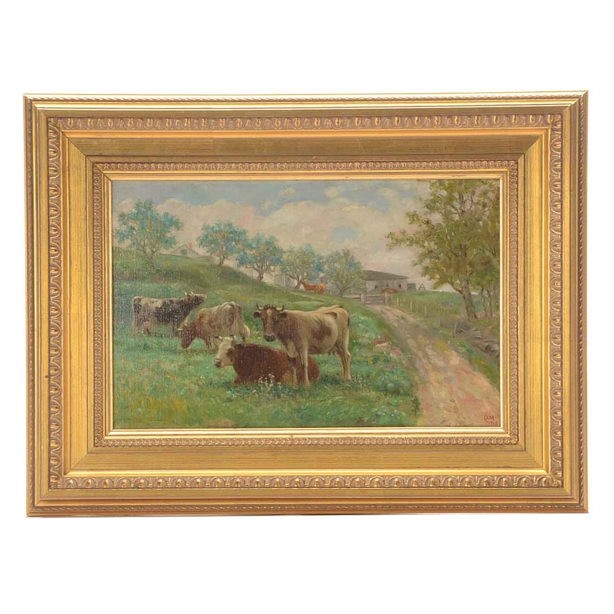 Charles Alfred Meurer Signed Oil Painting of a Bucolic Landscape