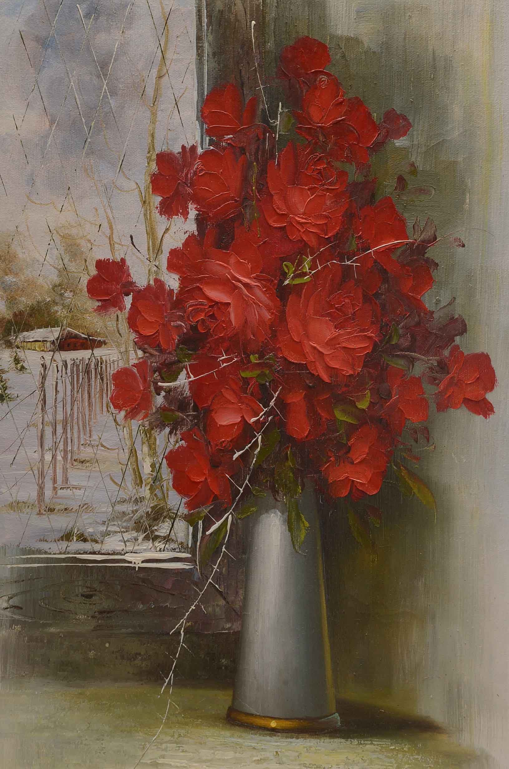 J. Brissaud Signed Oil Painting of a Still Life with Roses