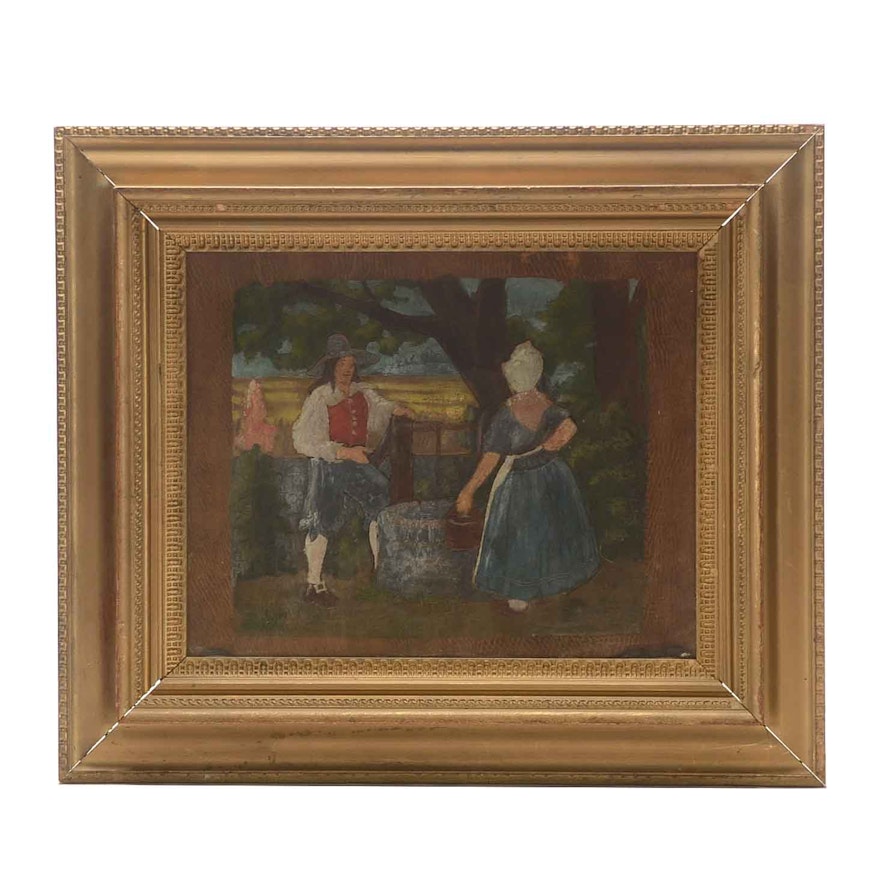 Painting on Embossed Leather of 18th Century Domestic Scene