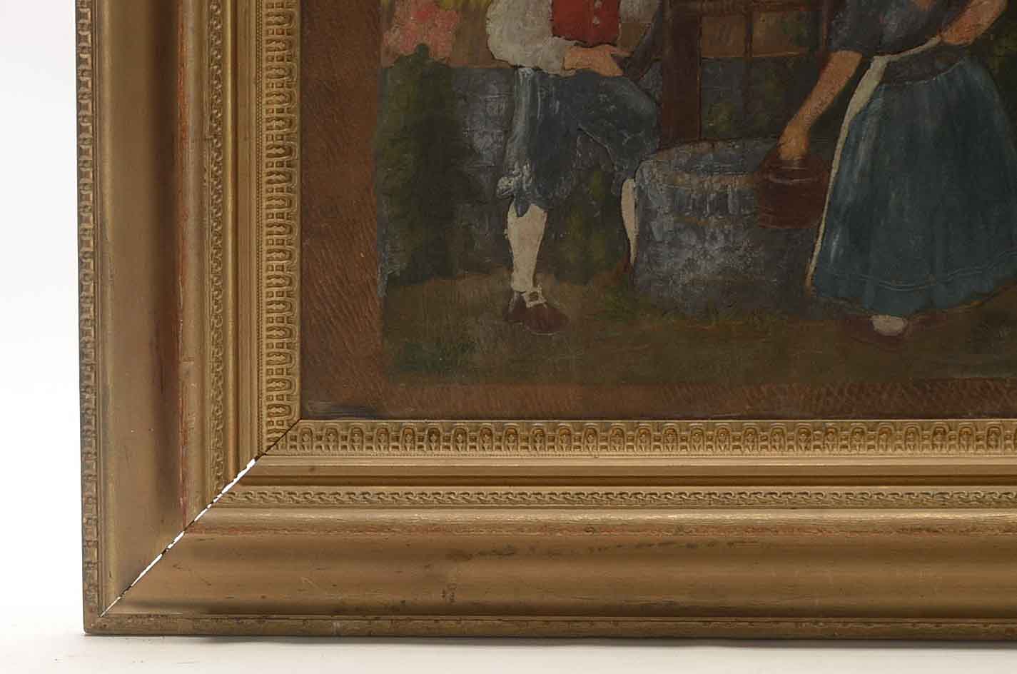 Painting on Embossed Leather of 18th Century Domestic Scene