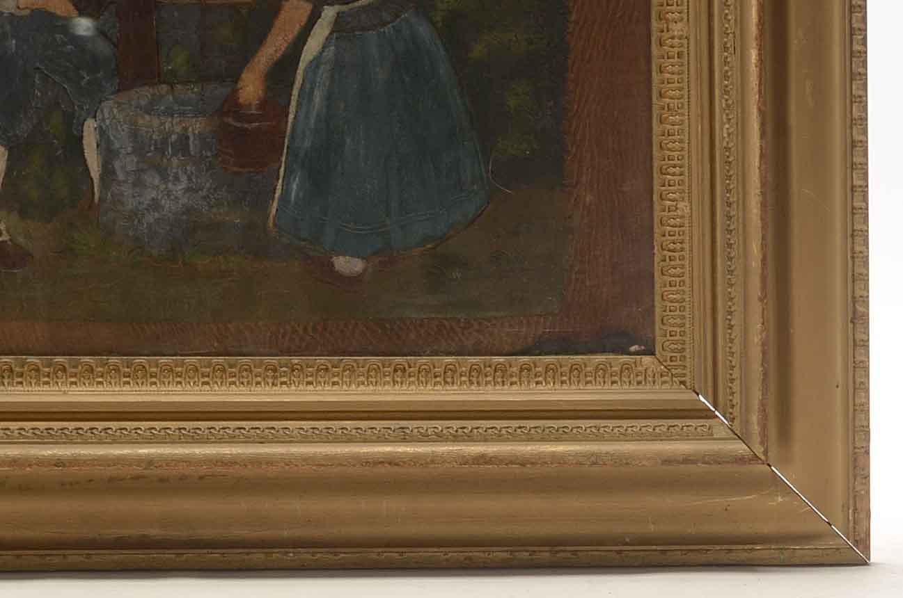 Painting on Embossed Leather of 18th Century Domestic Scene