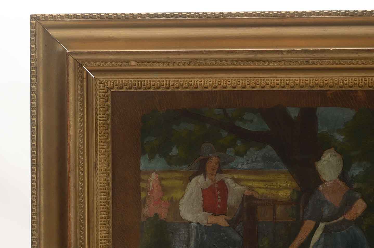 Painting on Embossed Leather of 18th Century Domestic Scene